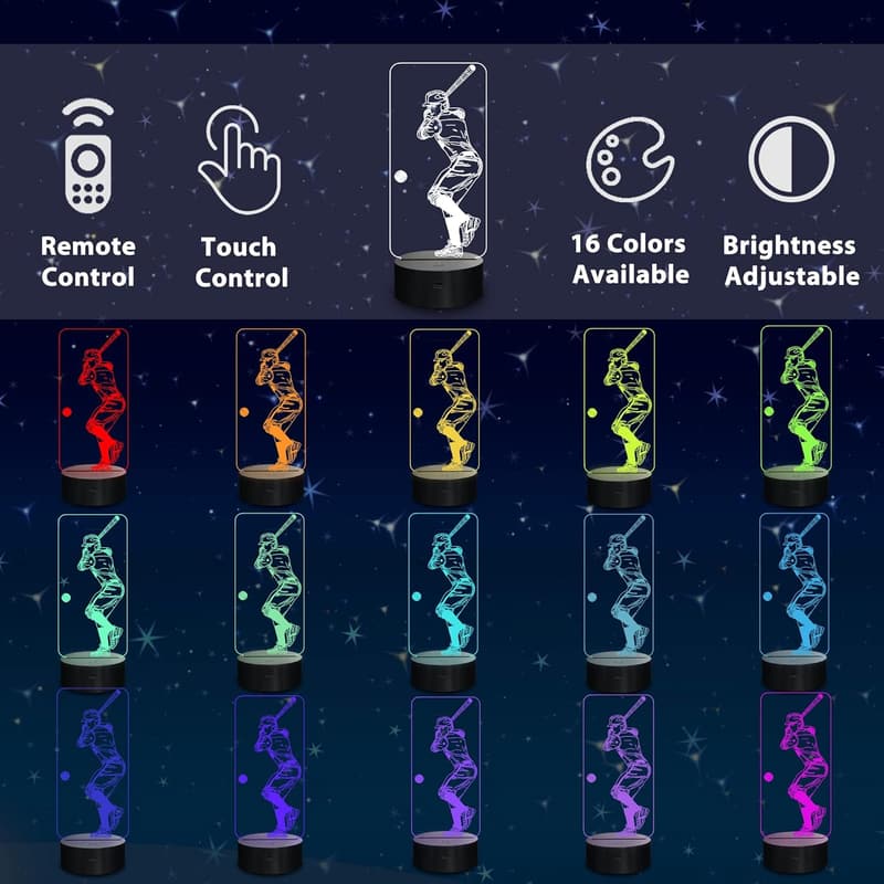Kids 3D Baseball Night Light with Remote & 16 Colors - Birthday Gift
