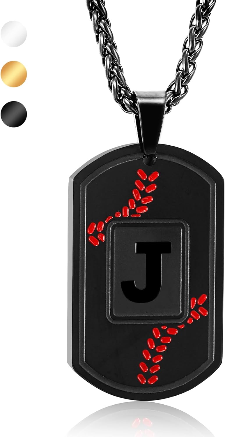 Baseball Initial Necklace for Men - Stainless Steel Dog Tag