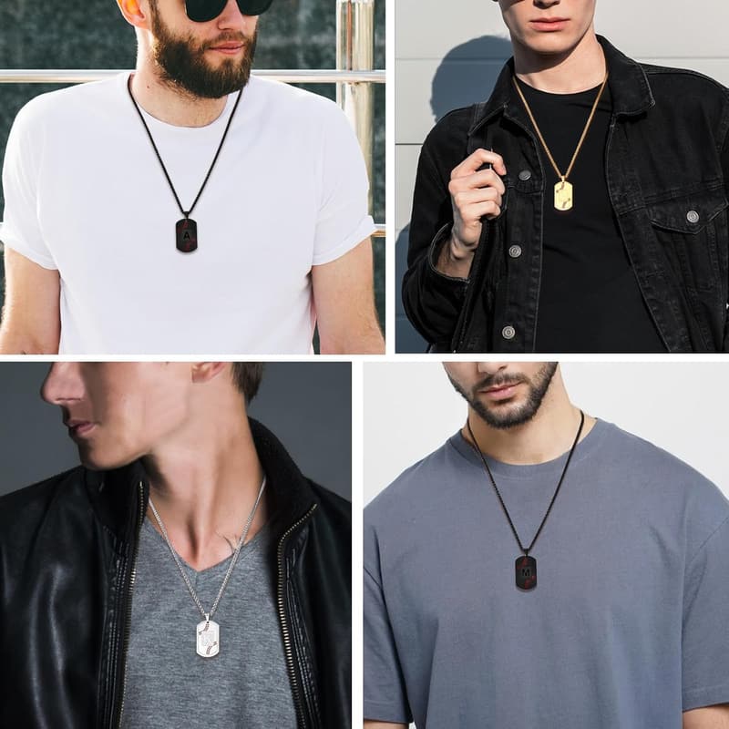 Baseball Initial Necklace for Men - Stainless Steel Dog Tag