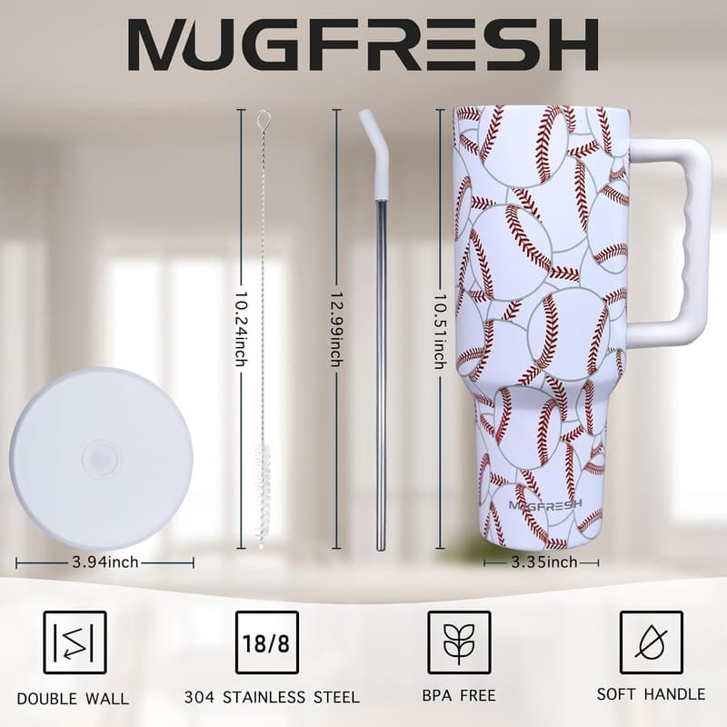 Insulated Stainless Steel Baseball Tumbler with Handle – 40 oz