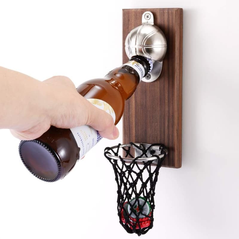 Wooden Wall-Mounted Basketball Bottle Opener with Cap Catcher