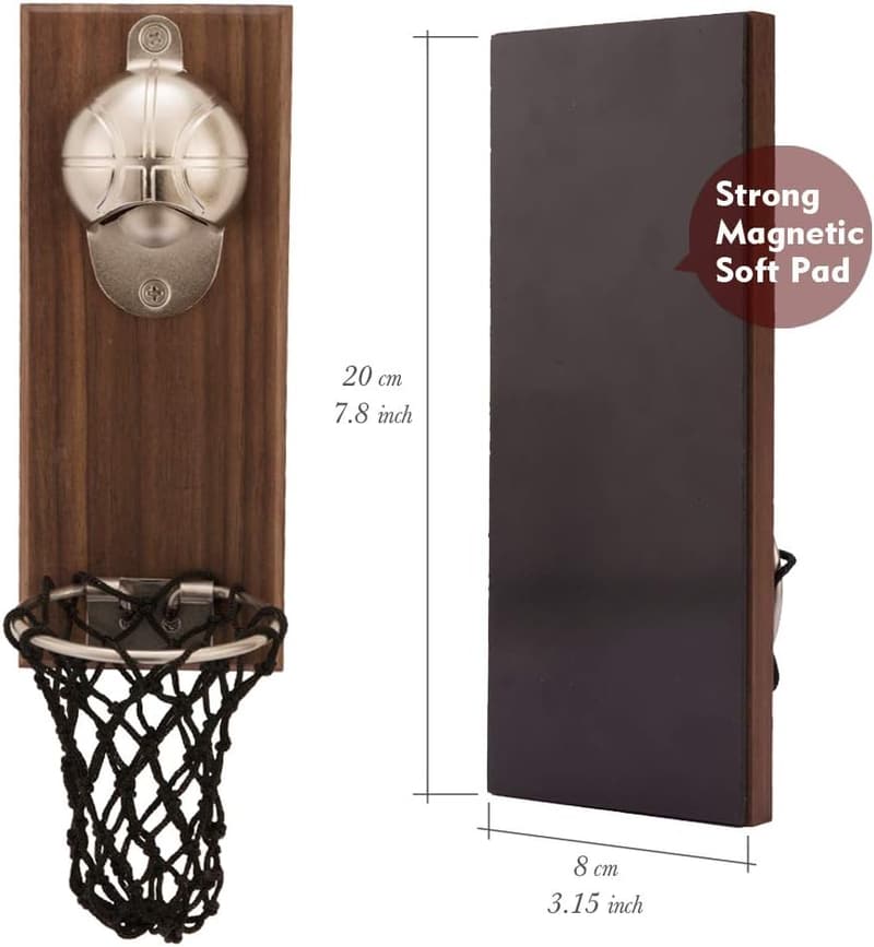 Wooden Wall-Mounted Basketball Bottle Opener with Cap Catcher