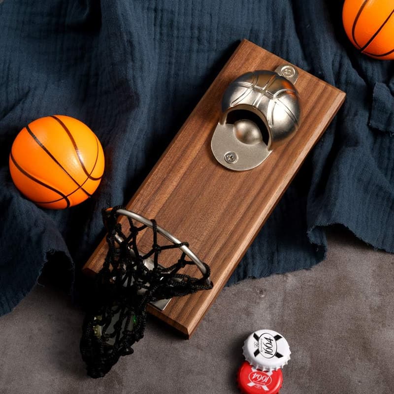 Wooden Wall-Mounted Basketball Bottle Opener with Cap Catcher