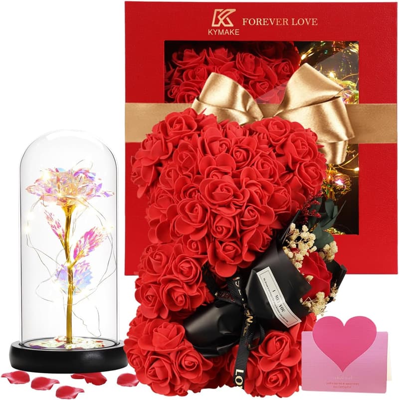 Mother's Day Rose Bear Gift Set for Mom with Card & Flower Lamp