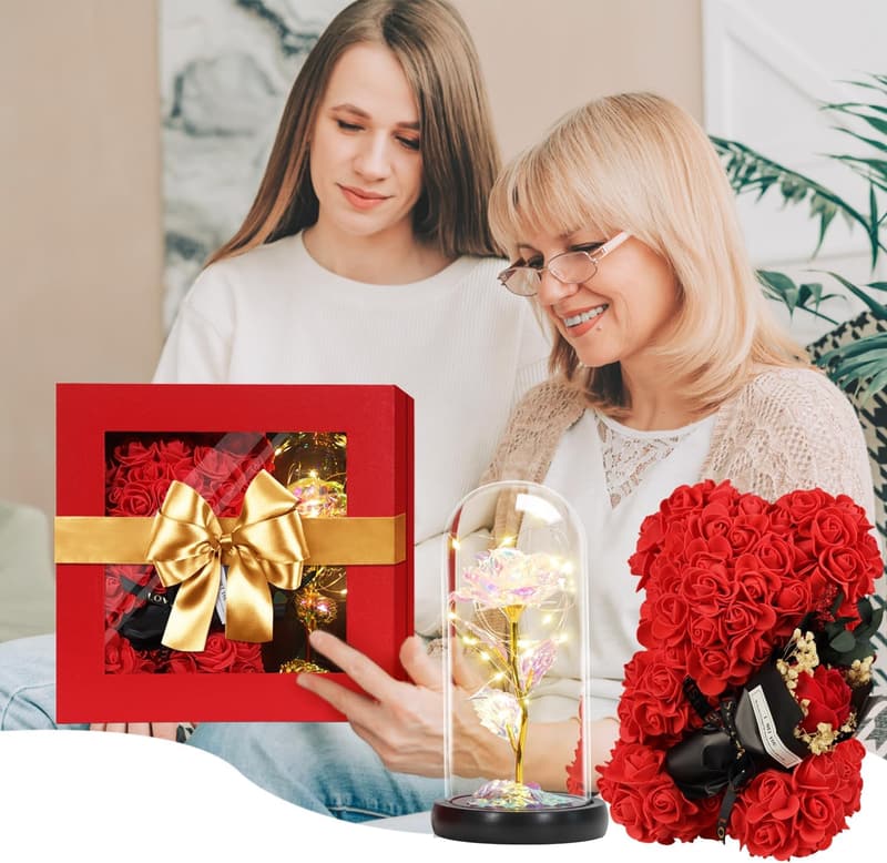 Mother's Day Rose Bear Gift Set for Mom with Card & Flower Lamp