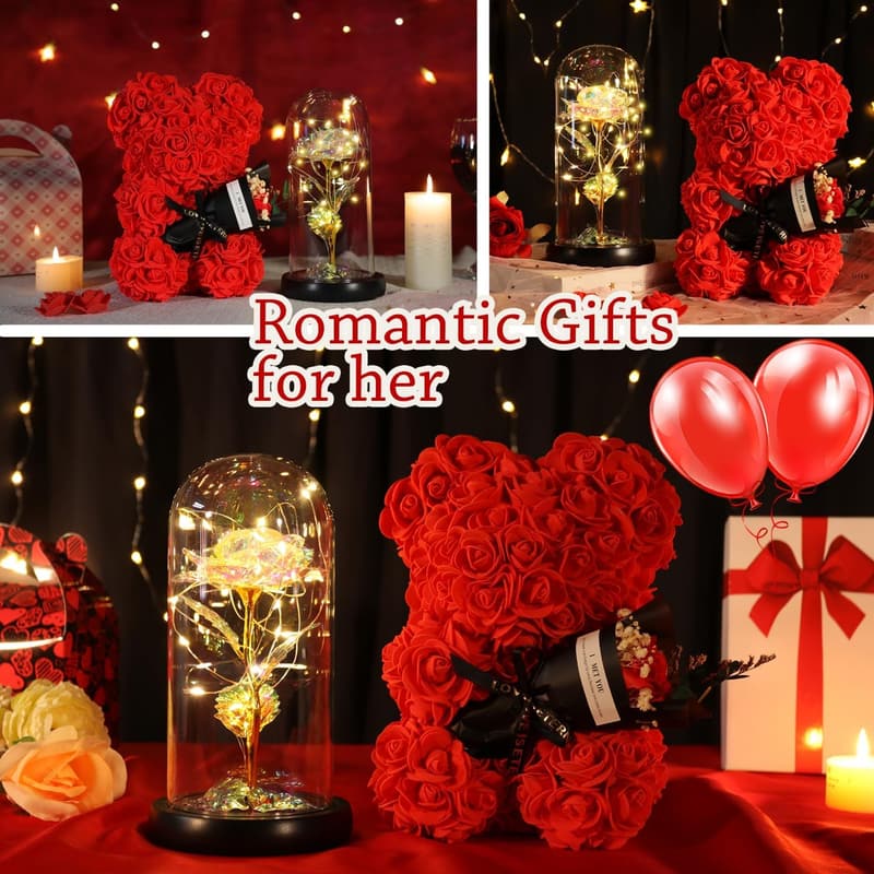 Mother's Day Rose Bear Gift Set for Mom with Card & Flower Lamp