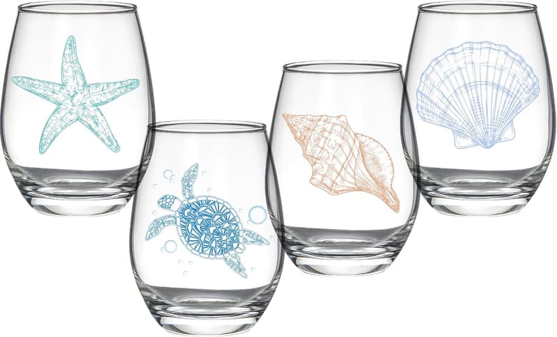 Ocean-Themed Stemless Wine Glasses Set - Coastal Gifts for Women