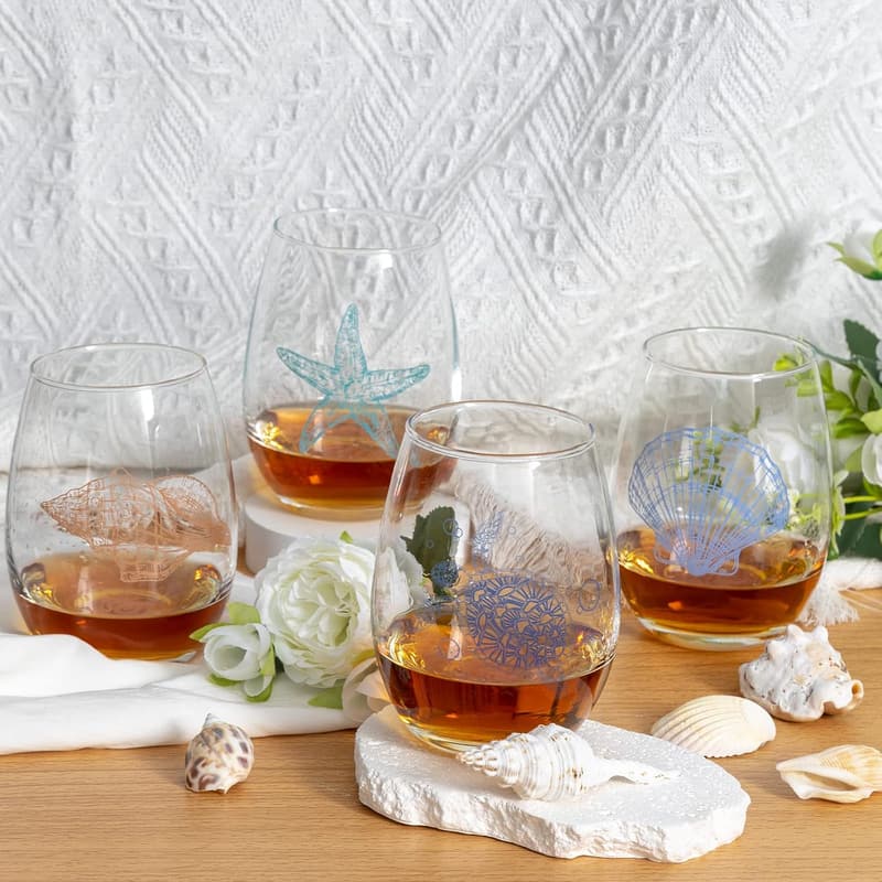 Ocean-Themed Stemless Wine Glasses Set - Coastal Gifts for Women