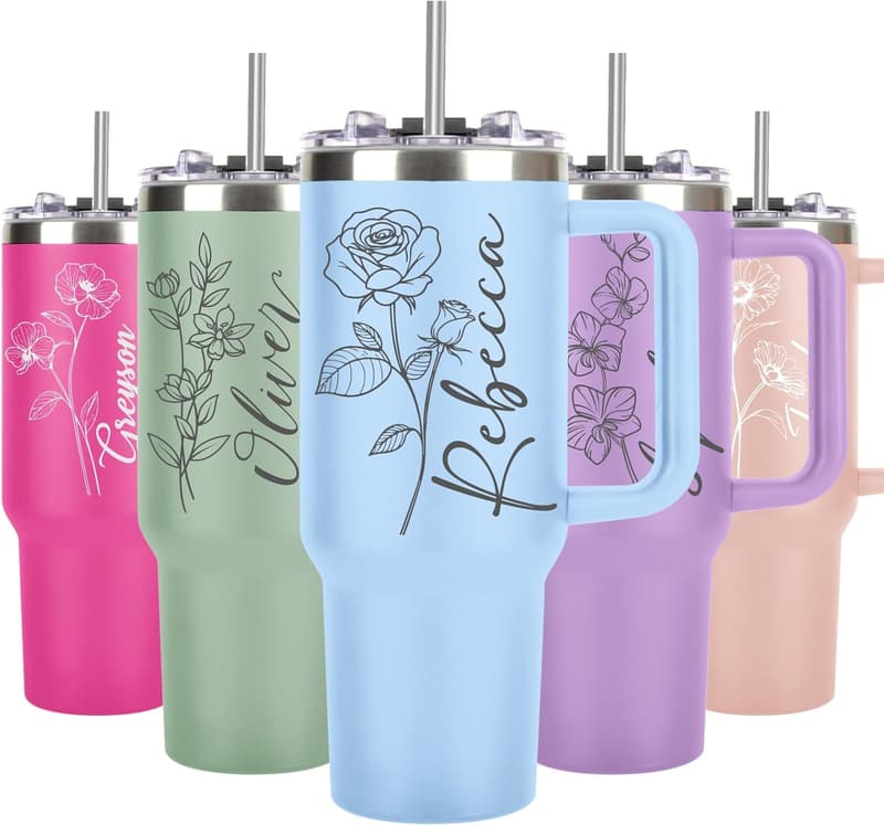 Custom 40 Oz Stainless Steel Tumbler with Name & Birth Flower