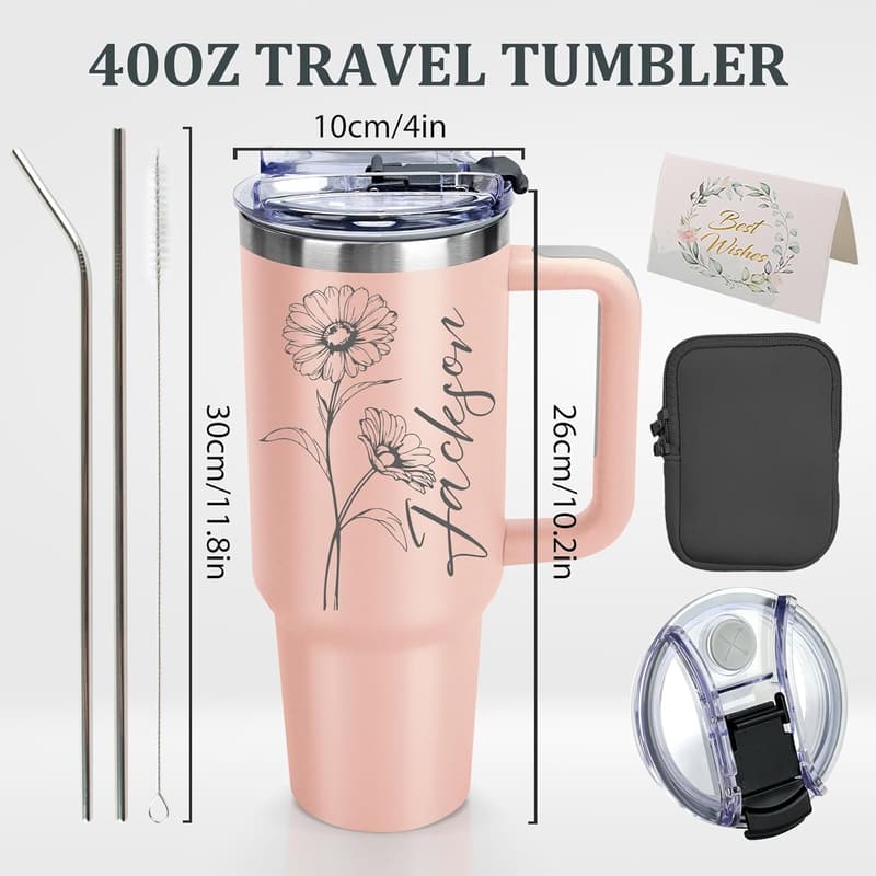 Custom 40 Oz Stainless Steel Tumbler with Name & Birth Flower