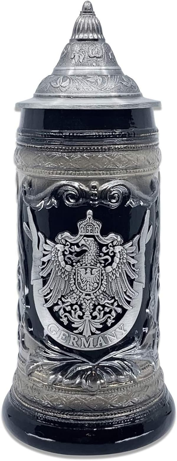 Oktoberfest Beer Stein Mug with Lid - 1L Charcoal Black Ceramic
