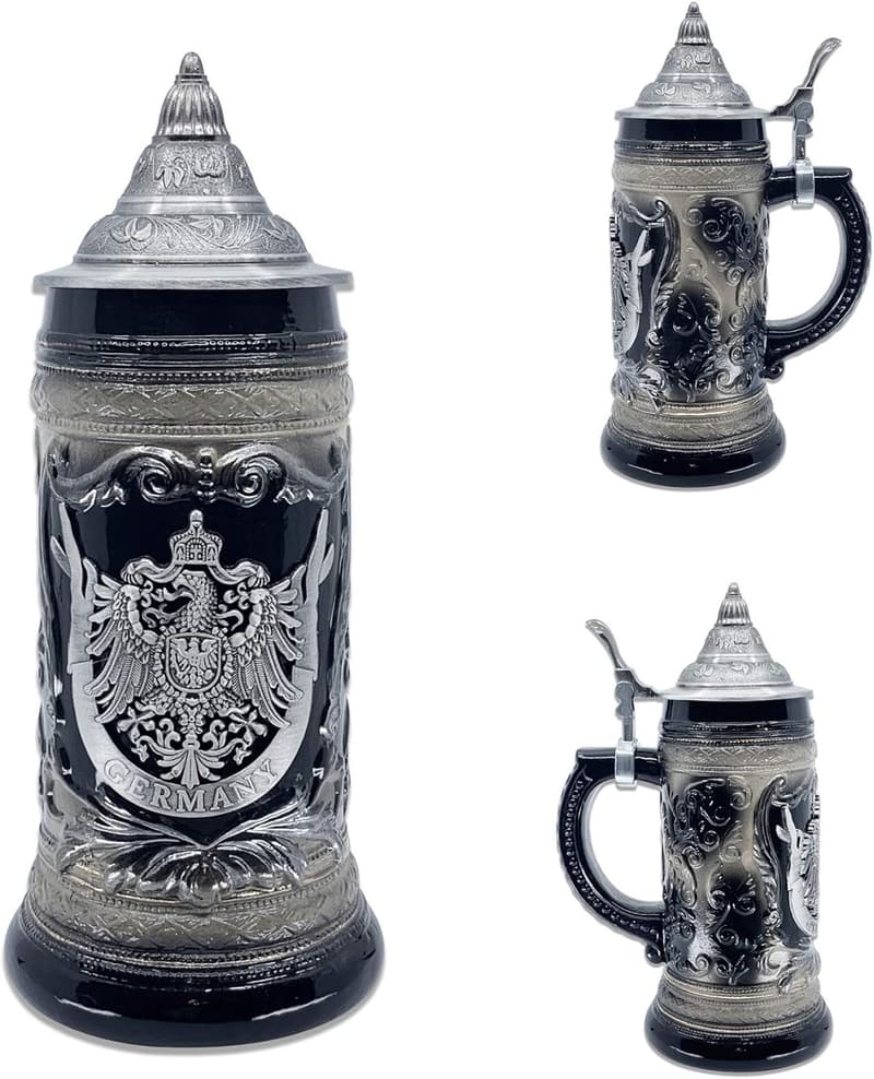 Oktoberfest Beer Stein Mug with Lid - 1L Charcoal Black Ceramic