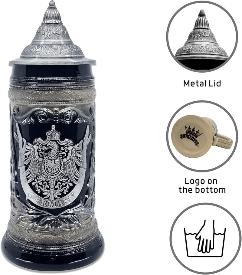 Oktoberfest Beer Stein Mug with Lid - 1L Charcoal Black Ceramic