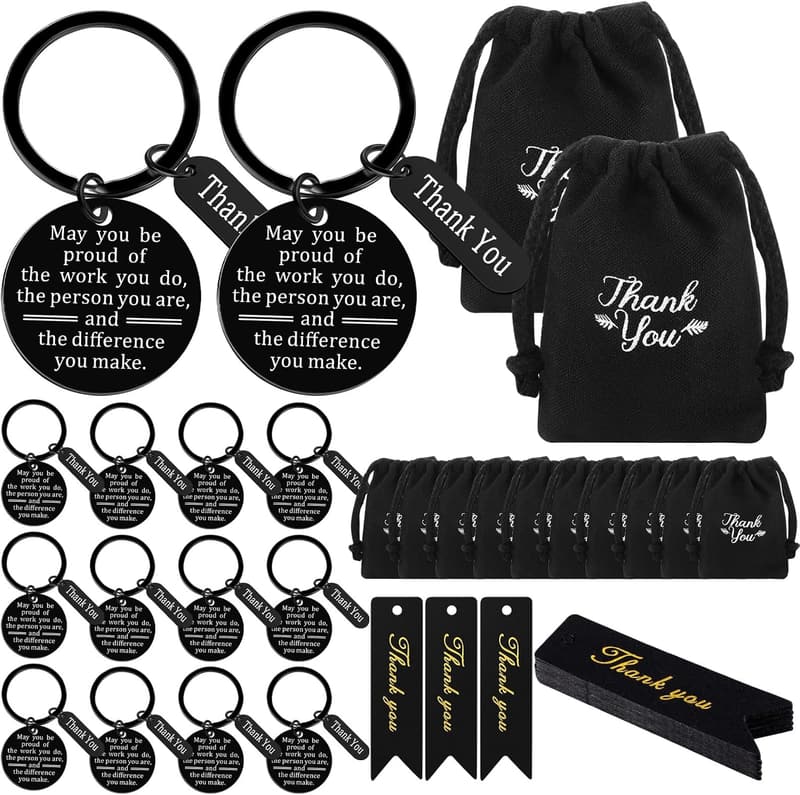 Employee Appreciation Keychain Set with Burlap Bag and Tags