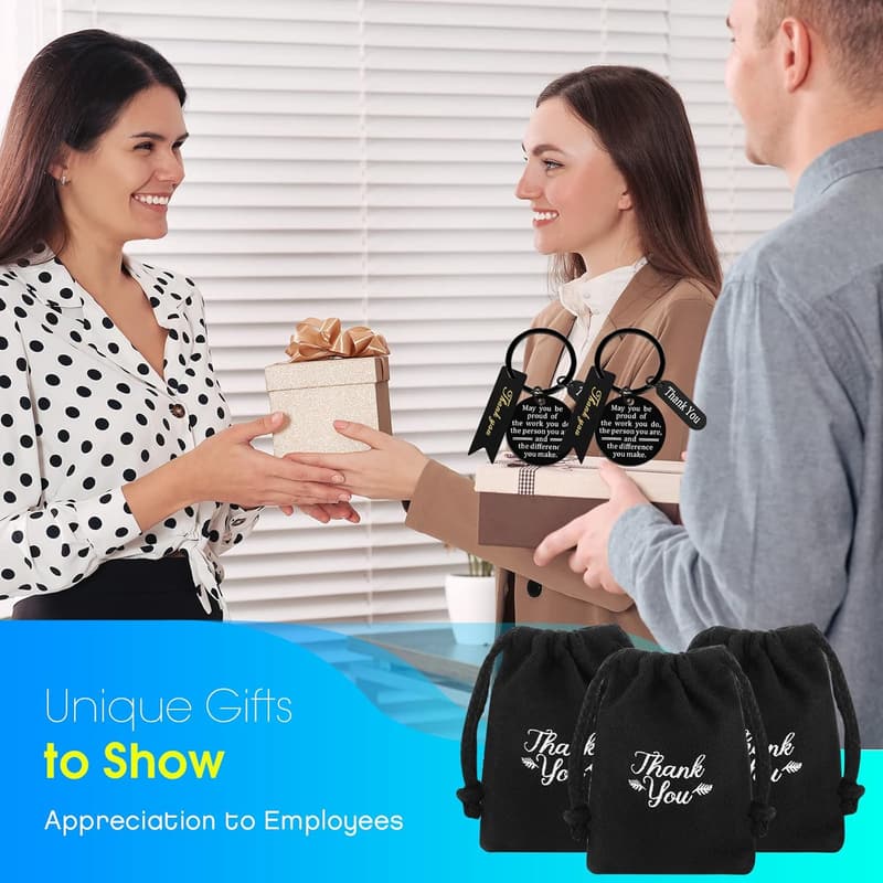 Employee Appreciation Keychain Set with Burlap Bag and Tags