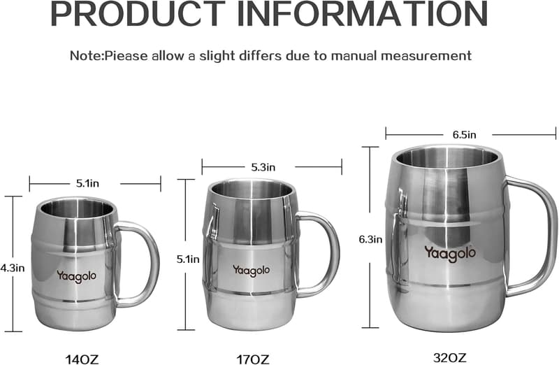 Insulated Stainless Steel Beer Mug Set - 17oz, 2-Pack