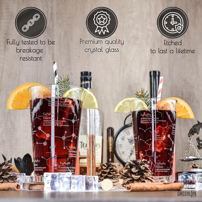 Science-Themed Beer Glasses - Set of 2, 16 oz Etched Pint
