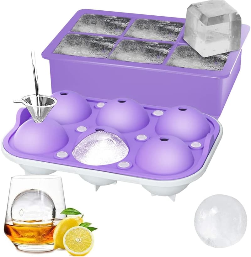 Large Square & Sphere Ice Cube Tray Set for Drinks - Purple