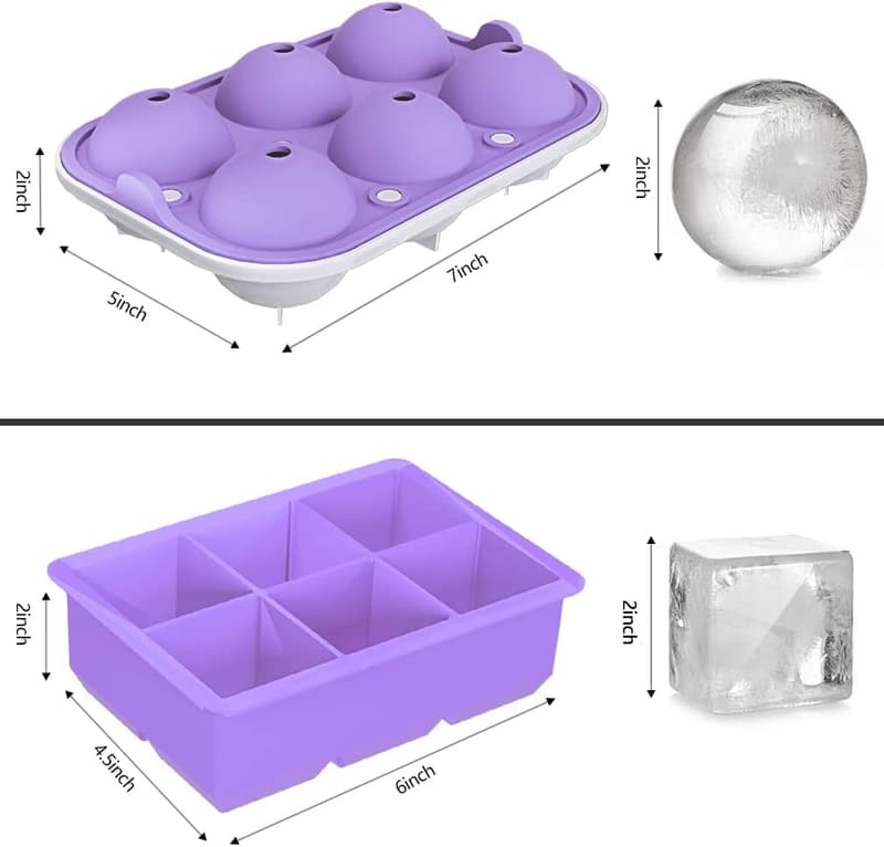 Large Square & Sphere Ice Cube Tray Set for Drinks - Purple