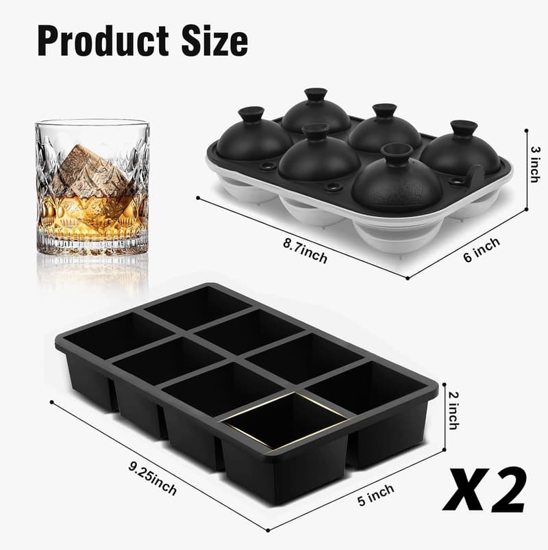 Large Ice Sphere and Cube Tray Set for Cocktails, Black