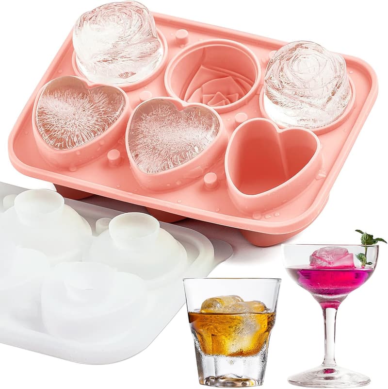 Silicone Rose & Heart Ice Cube Tray for Cocktails, Pink