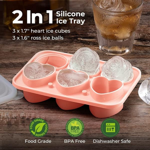 Silicone Rose & Heart Ice Cube Tray for Cocktails, Pink