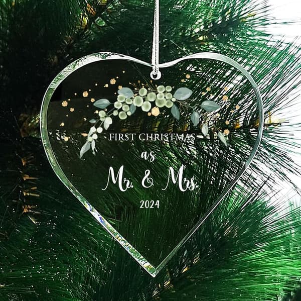 Our First Christmas as Mr. and Mrs. Ornament with Green Leaves