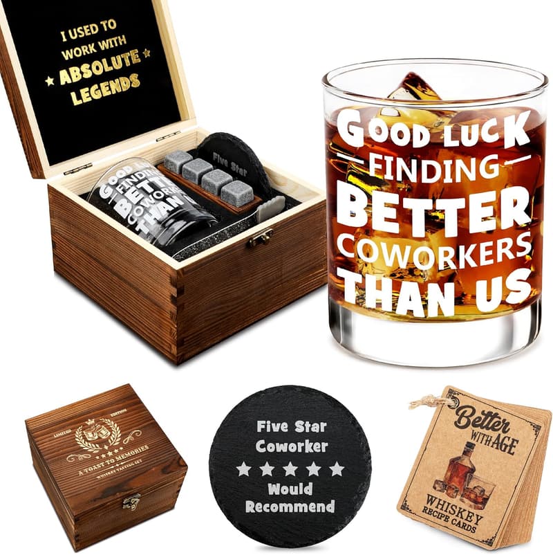 Going Away Whiskey Set for Coworkers with Wooden Box
