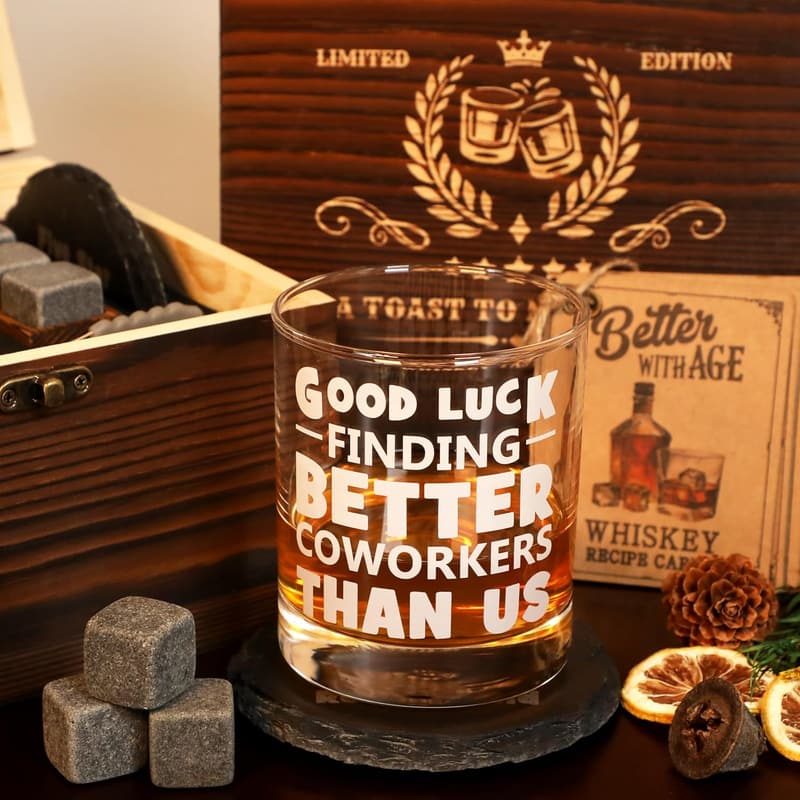 Going Away Whiskey Set for Coworkers with Wooden Box