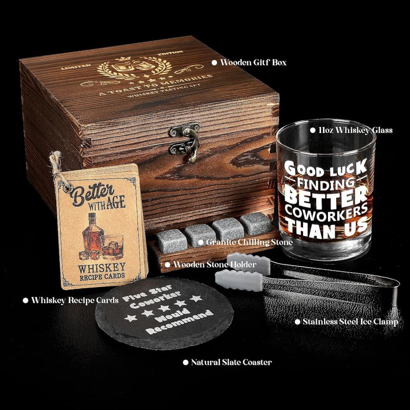 Going Away Whiskey Set for Coworkers with Wooden Box