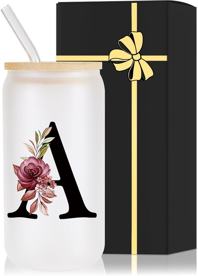 Customized Monogrammed 16oz Glass Tumbler with Bamboo Lid