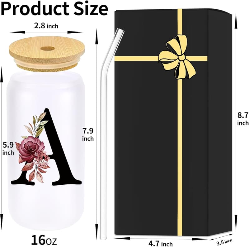 Customized Monogrammed 16oz Glass Tumbler with Bamboo Lid