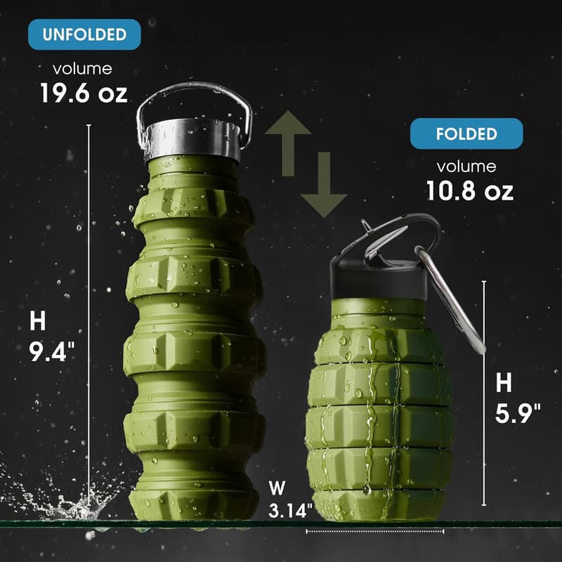 Collapsible 20oz Silicone Travel Water Bottle with Carabiner