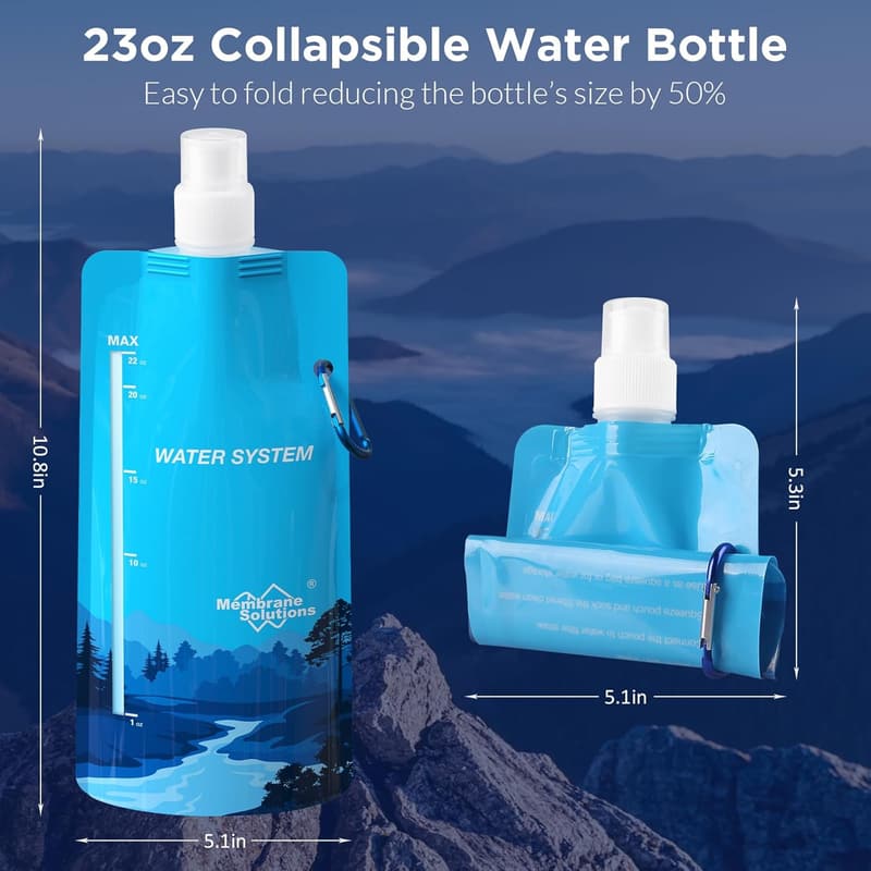 Collapsible 23oz Water Bottle with Filter & Pouch for Travel
