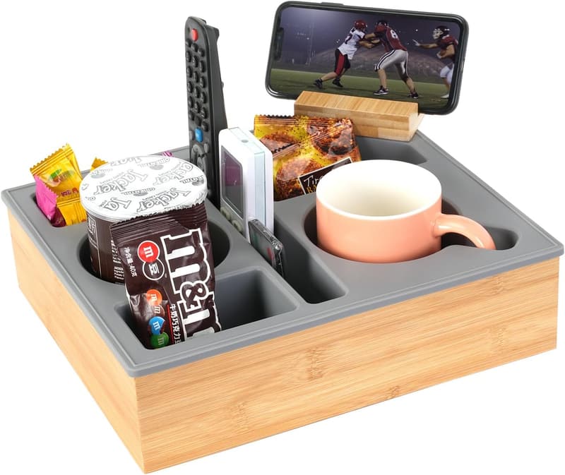 Silicone Couch Cup Holder Tray with Rotatable Phone Holder
