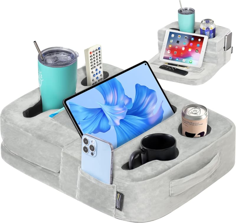 Couch Cup Holder Tray - Grey Sofa Caddy for Drinks & Snacks