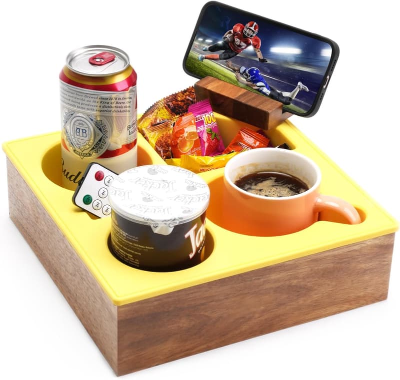 Multipurpose Silicone & Acacia Wooden Couch Cup Holder Tray