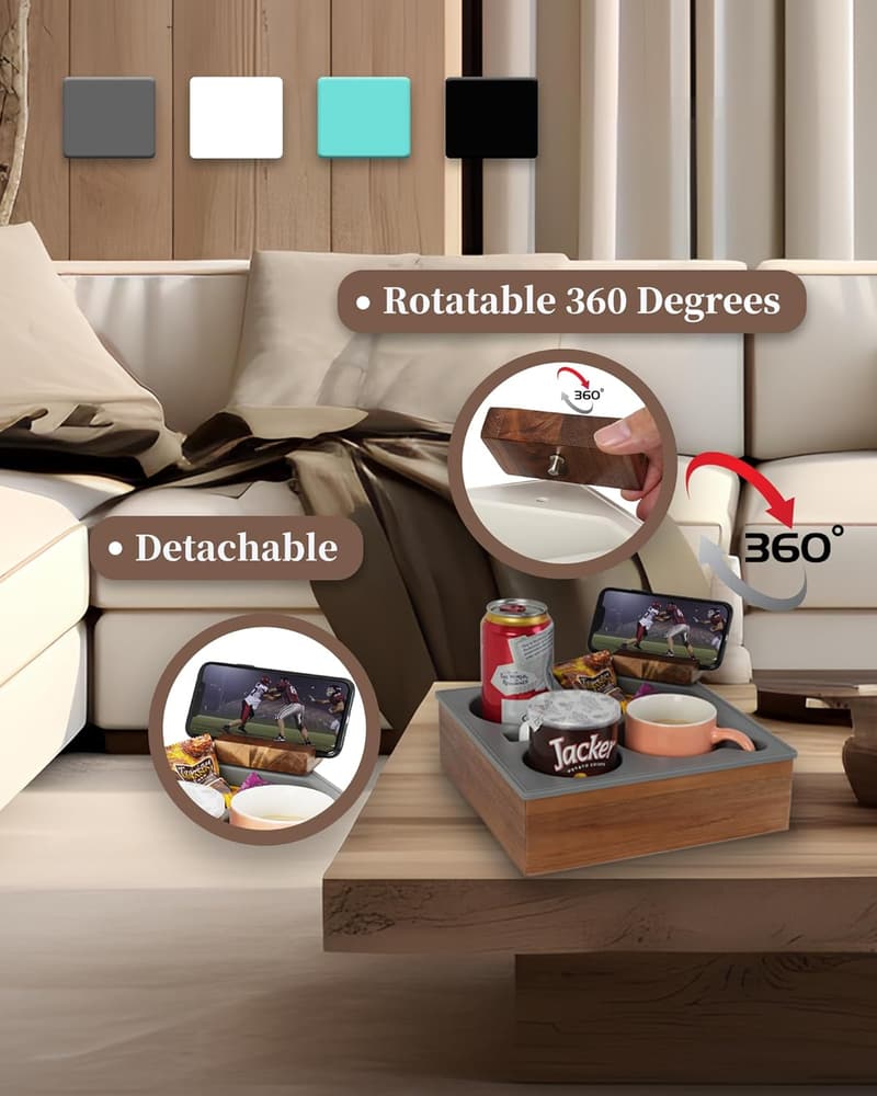 Multipurpose Silicone & Acacia Wooden Couch Cup Holder Tray