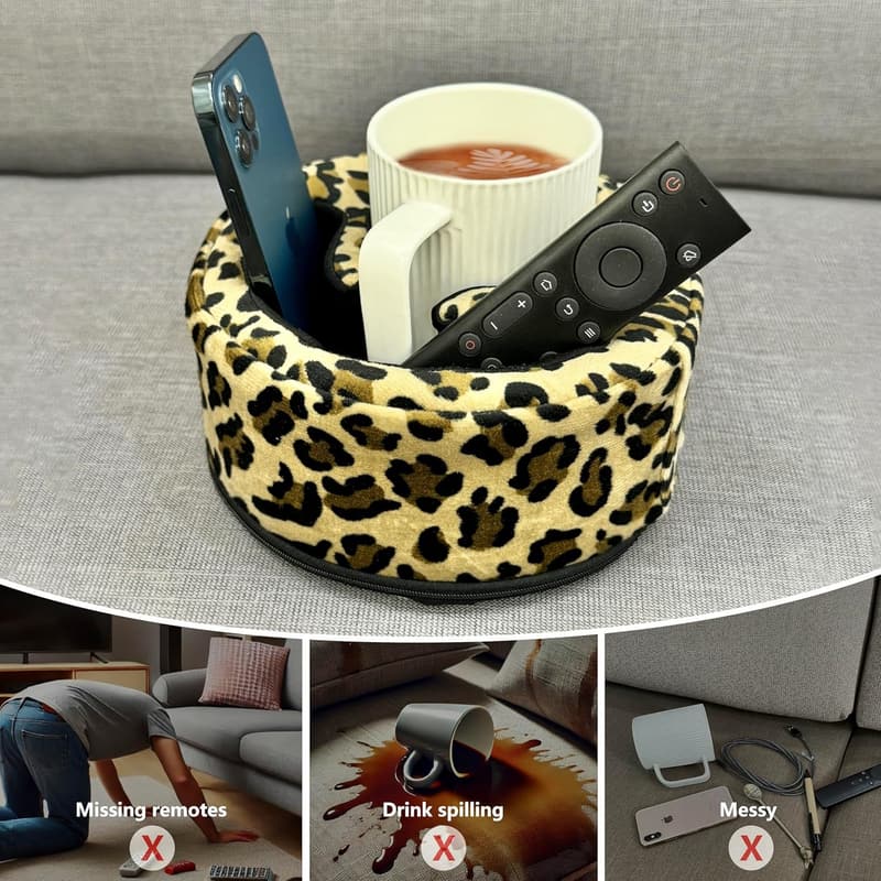 Couch Organizer Caddy Pillow for Drinks & Remotes (Leopard)