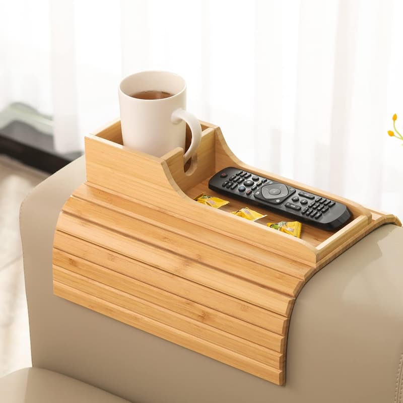 Bamboo Couch Cup Holder Tray - Easy Clean, Anti-Spill Armrest
