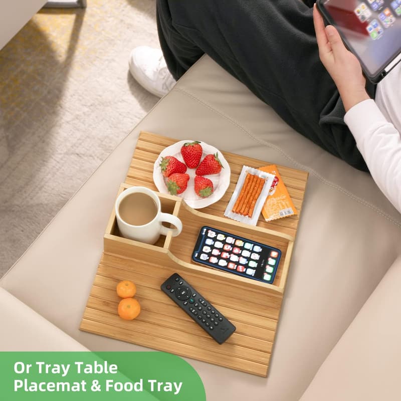 Bamboo Couch Cup Holder Tray - Easy Clean, Anti-Spill Armrest