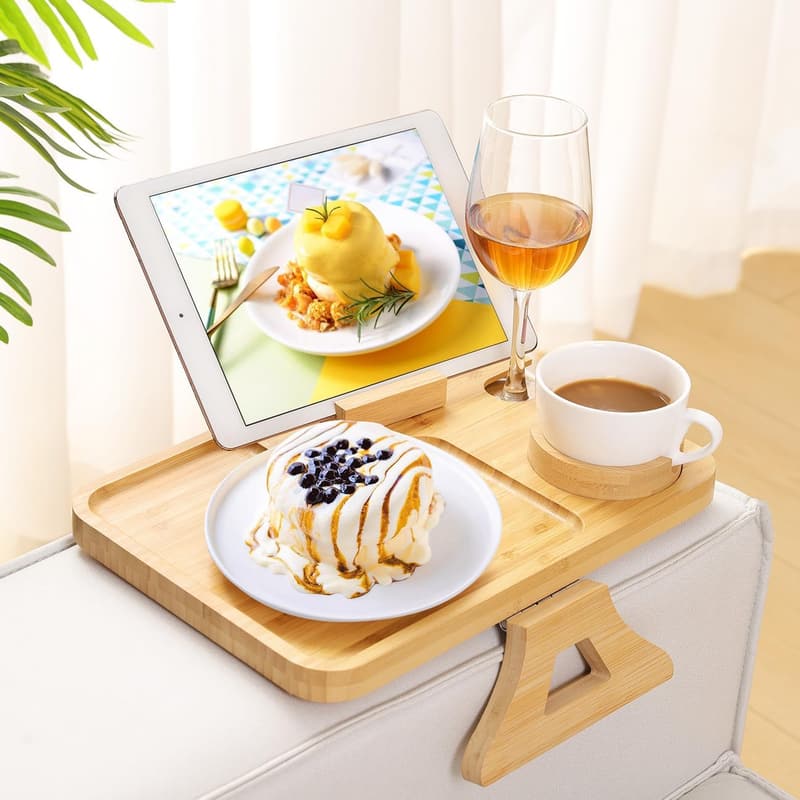 Bamboo Sofa Arm Tray with 360° Rotating Phone & Cup Holder