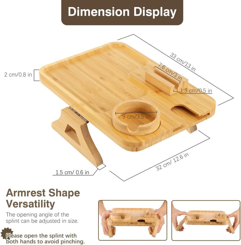 Bamboo Sofa Arm Tray with 360° Rotating Phone & Cup Holder