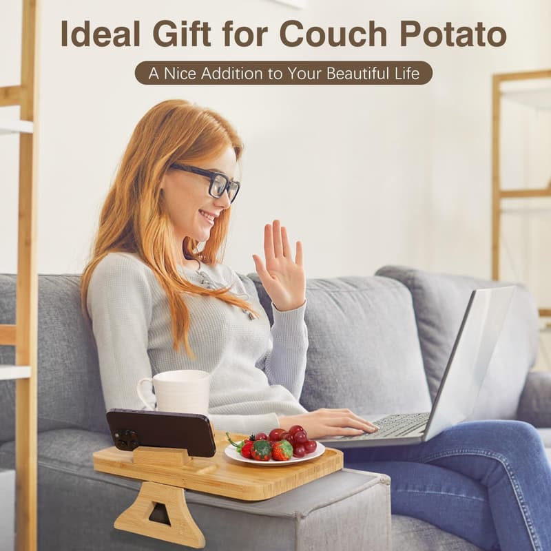 Bamboo Sofa Arm Tray with 360° Rotating Phone & Cup Holder