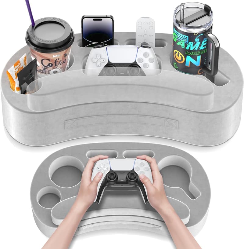 Gaming Couch Pillow Tray with 6 Slots & Armrest Cushion