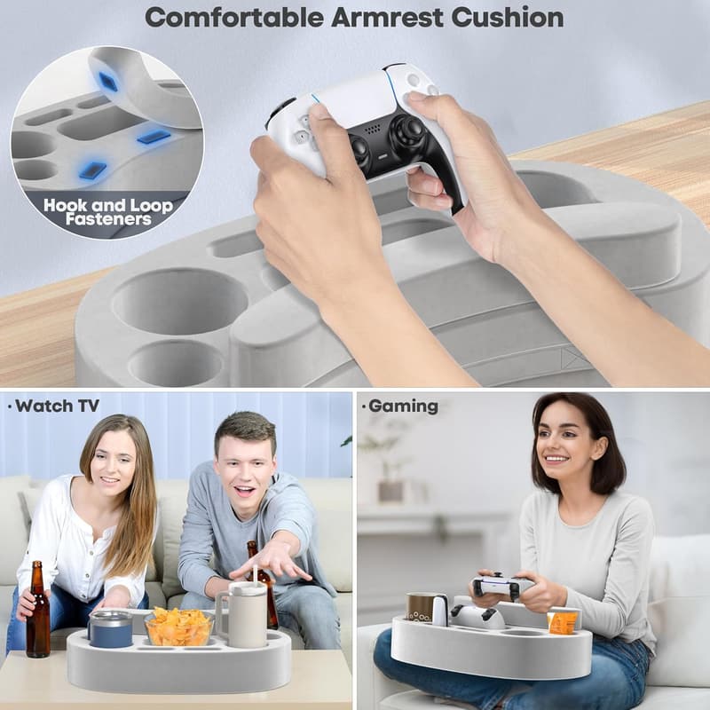 Gaming Couch Pillow Tray with 6 Slots & Armrest Cushion