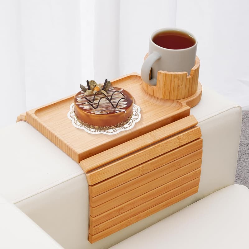 Bamboo Couch Arm Tray with 360° Cup Holder & Snack Organizer