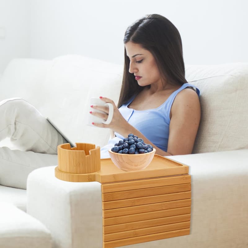 Bamboo Couch Arm Tray with 360° Cup Holder & Snack Organizer