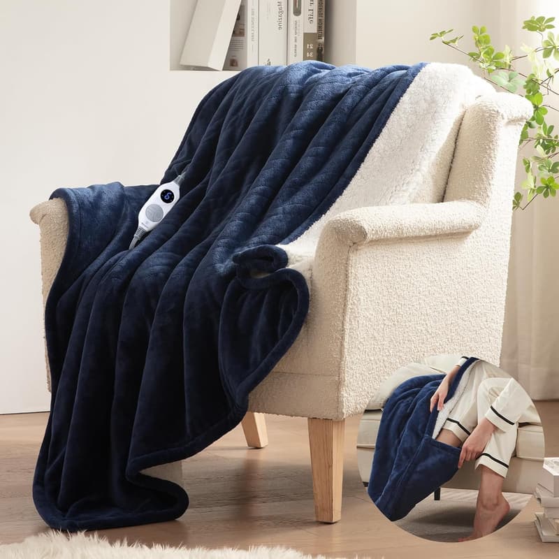 Ultra Soft Sherpa Electric Blanket with Foot Pocket - Navy Blue