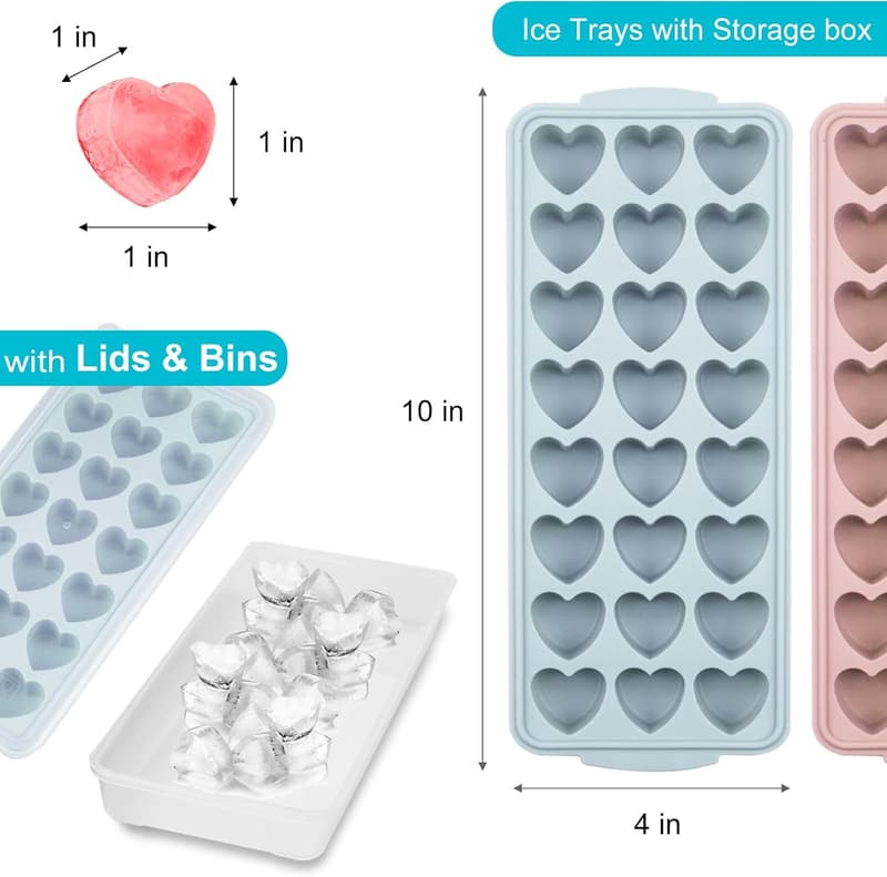 Heart-Shaped Silicone Ice Cube Trays with Lids & Storage Bins